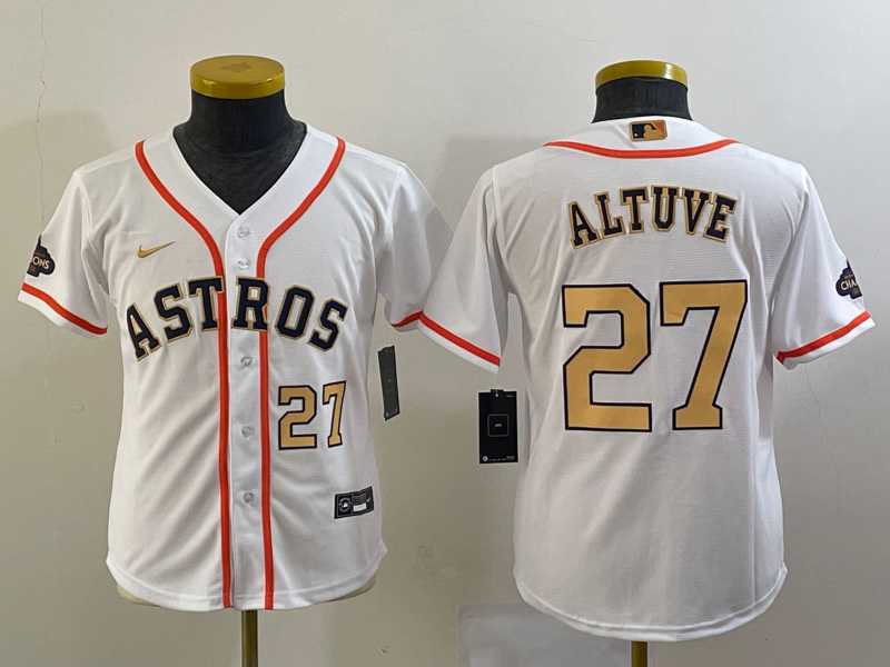 Youth Houston Astros #27 Jose Altuve Number 2023 White Gold World Serise Champions Patch Cool Base Stitched Jerseys->mlb youth jerseys->MLB Jersey